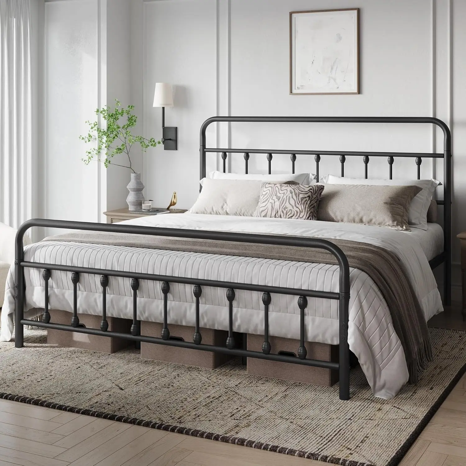 Classic Metal Platform Bed Frame Mattress Foundation with Victorian Style Iron-Art Headboard/Footboard/Under Bed Storage/No Box