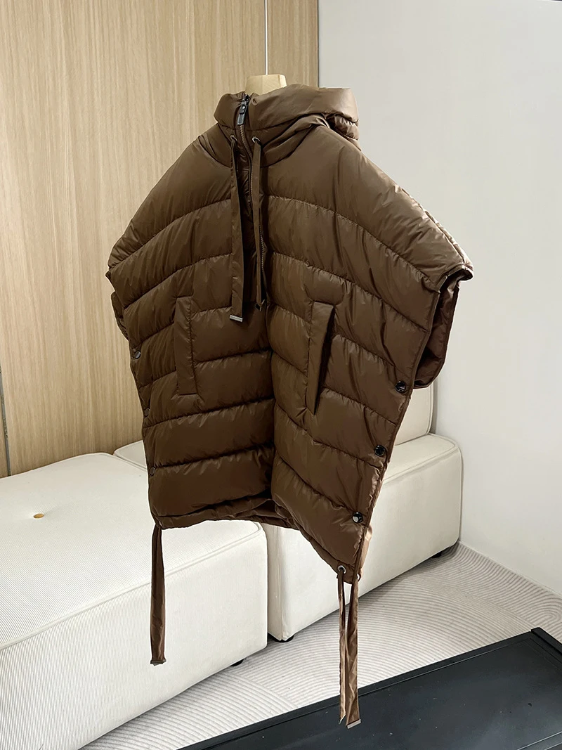 Schinteon Women 90% White Duck Down Irregular Vest with Hood Sleeveless Jacket Solid Fashionable Autumn Winter Top 2025 New