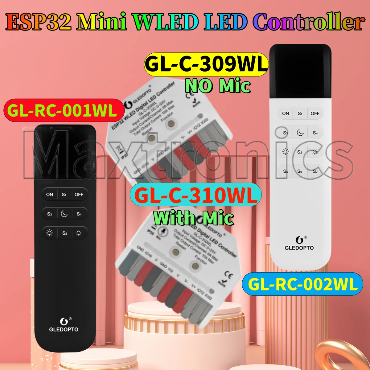 

Контроллер светодиодов GL-RC-002WL ESP32 Mini WLED 309WL/GL-C-310WL с динамическими музыкальными режимами для светодиодных лент WS2813, WS2815, WS2811, WS2812, SK6812