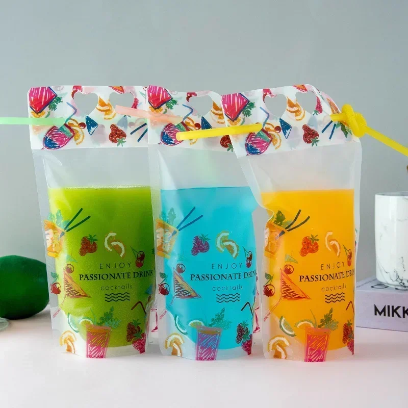 100pcs Disposable Beverage Bags Portable Printing Straw Self-supporting Bag Zipper Beverage Milk Tea Takeout Seal Packaging Bag