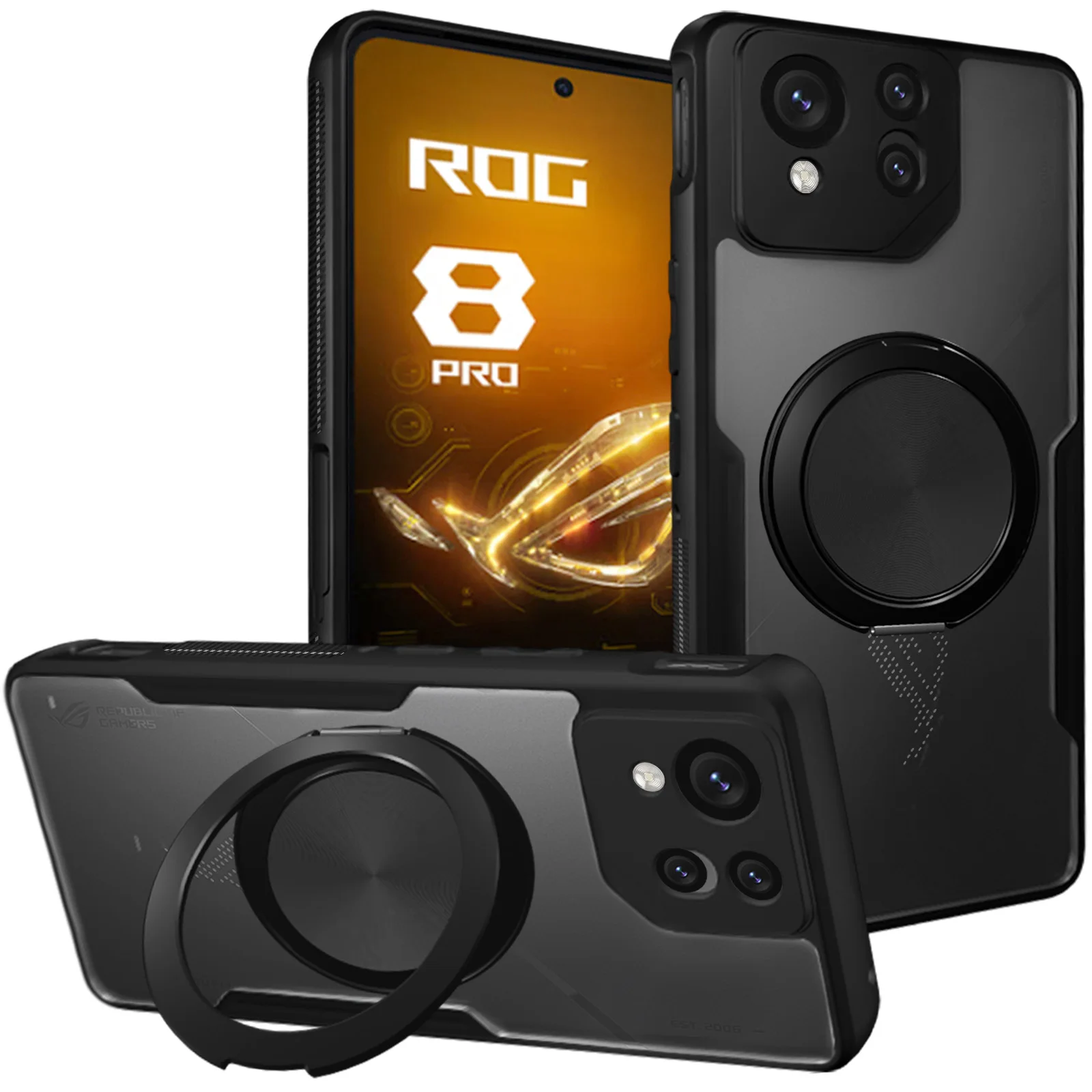 

Magnetic Case for ROG Phone 8 Pro, 360° Rotatable Ring Holder Stand, Shockproof Protective Cover with Dust Plug, Anti-Fall Armor