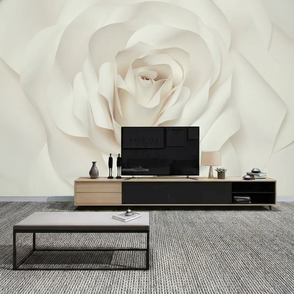 Self-adhesive material featuring a close-up of a giant white rose, perfect for living room and bedroom background walls.