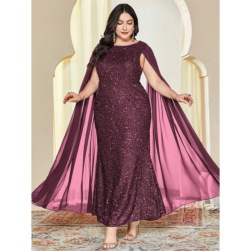 Mulheres Multicolor lantejoulas Chiffon Cape, vestido de noite sem mangas, Plus Size, solto, longo, espumante, 6XL, 7XL, tamanho grande