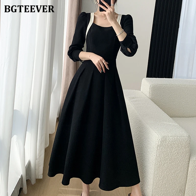 

BGTEEVER Elegant Square Collar Long Sleeve Women A-line Dress Autumn Winter Slim Waist Female Mid-Length Dress Ladies Vestidos