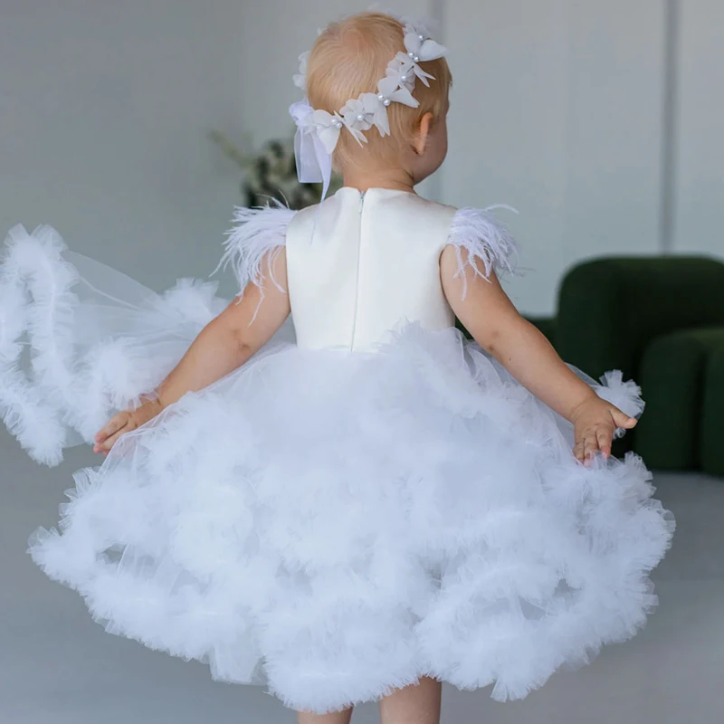 Vestidos blancos de flores para niña, vestidos de tul con plumas escalonadas y sin mangas para boda, fiesta de cumpleaños, vestidos de comunión