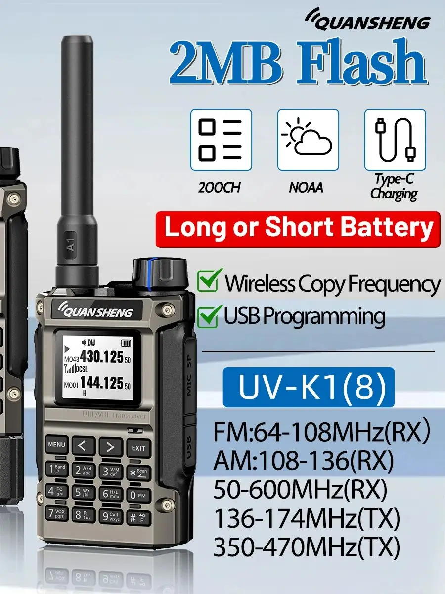 Radiotelefon Quansheng UV-K1（8） AM/FM wielopasmowy z bezprzewodowym kopiowaniem częstotliwości, dużym zasięgiem, ładowarką Type-C do użytku na kempingu, radioamatorskie UVK5 K6 (UV-K1(8) - 771-MIC) — Zdjęcie 2 z 2