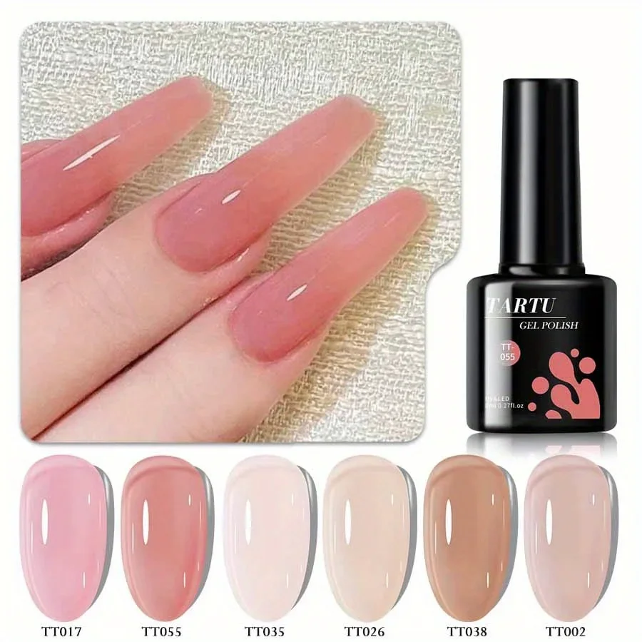 6 Stück 8 ml Jelly Nude Pink Nagelgel-Set, durchscheinend, 6 Farben, durchsichtiges, semipermanentes Gel-Nagellack-Set, Soak Off für UV/LED, Nagelkunst