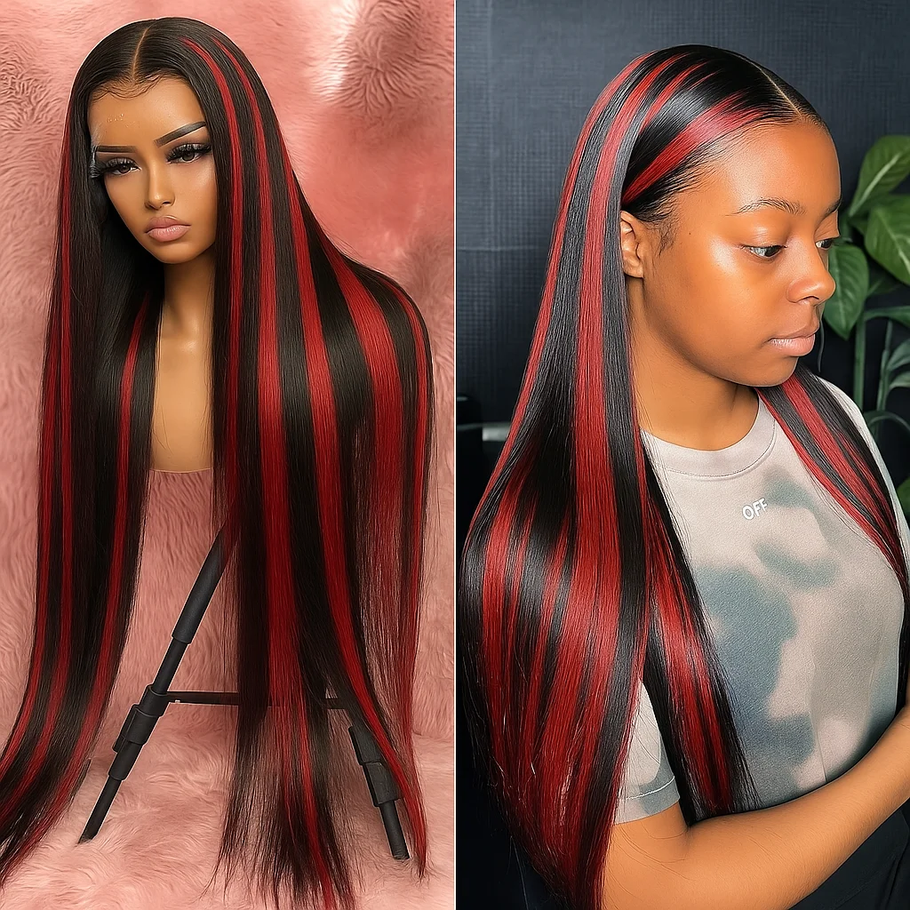 5x5 투명 전면 레이스 스트레이트 붉은색 검은색 머리 가발 180% 밀도 200% 밀도 여성용 정면 레이스 브라질리언 헤어 가발