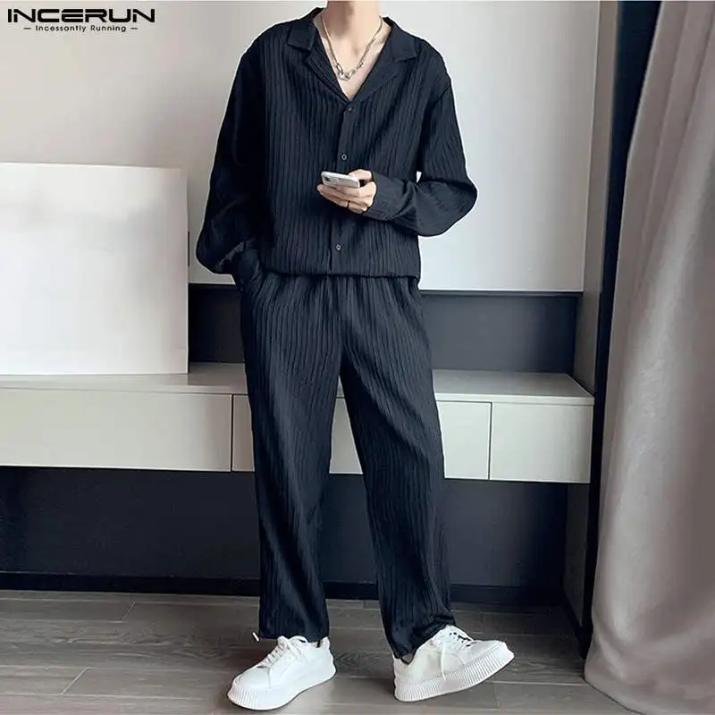 INCERUN Men Sets Solid Color Fashion Lapel Long Sleeve Shirt & Pants 2PCS Pleated 2023 Loose Streetwear Men Casual Suits S-5XL