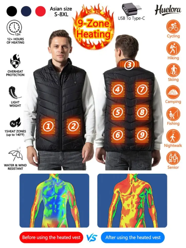 Heated Vest USB-C Electric Heated Vest Heating Jacket Winter Vests for Outdoor Motorcycle Camping Fishing Skiing Oversized 8XL