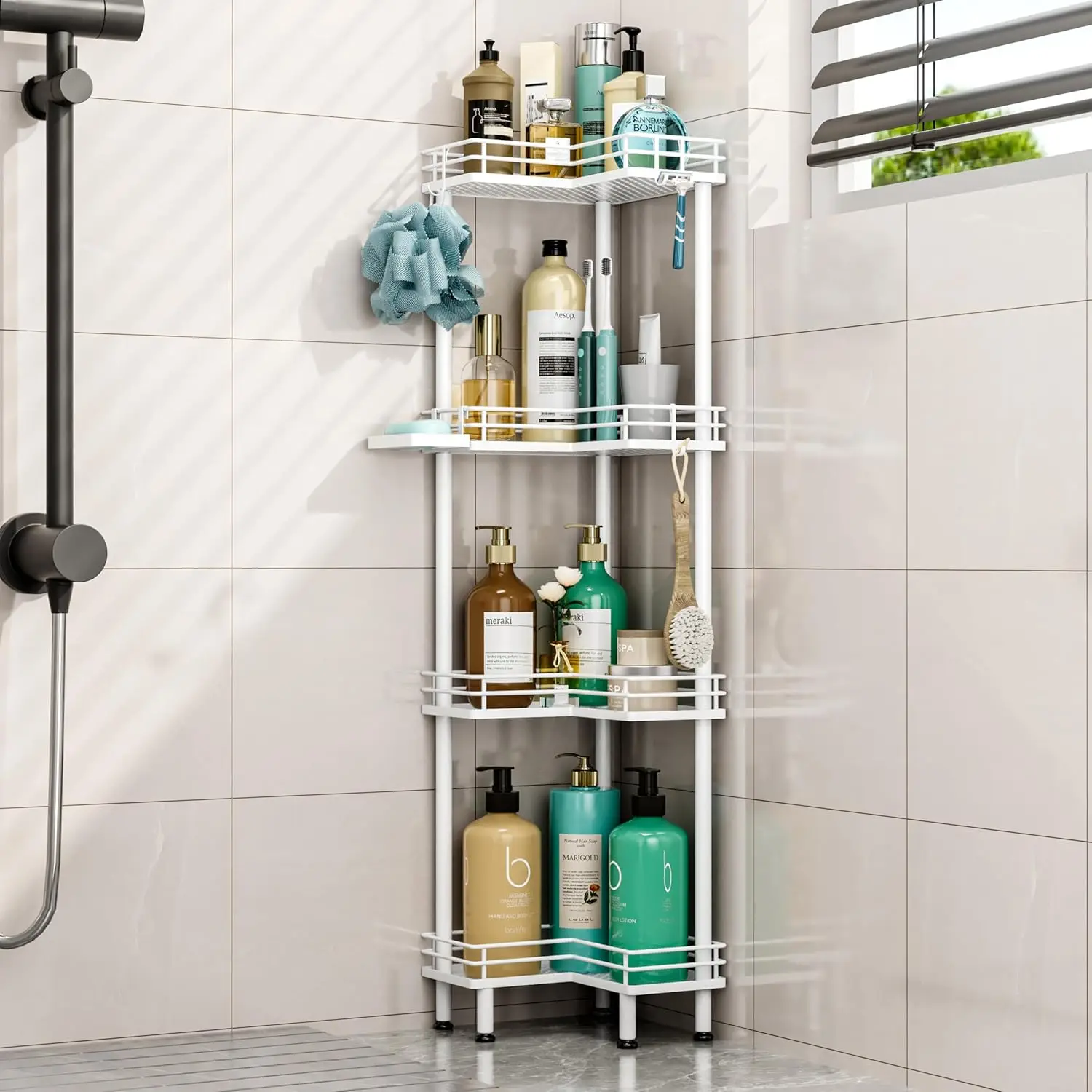 Corner Shower Caddy Organizer - 4 Tier Shower Organizer Corner, Rustproof Shower Shelves with 4 Hooks for Bathroom