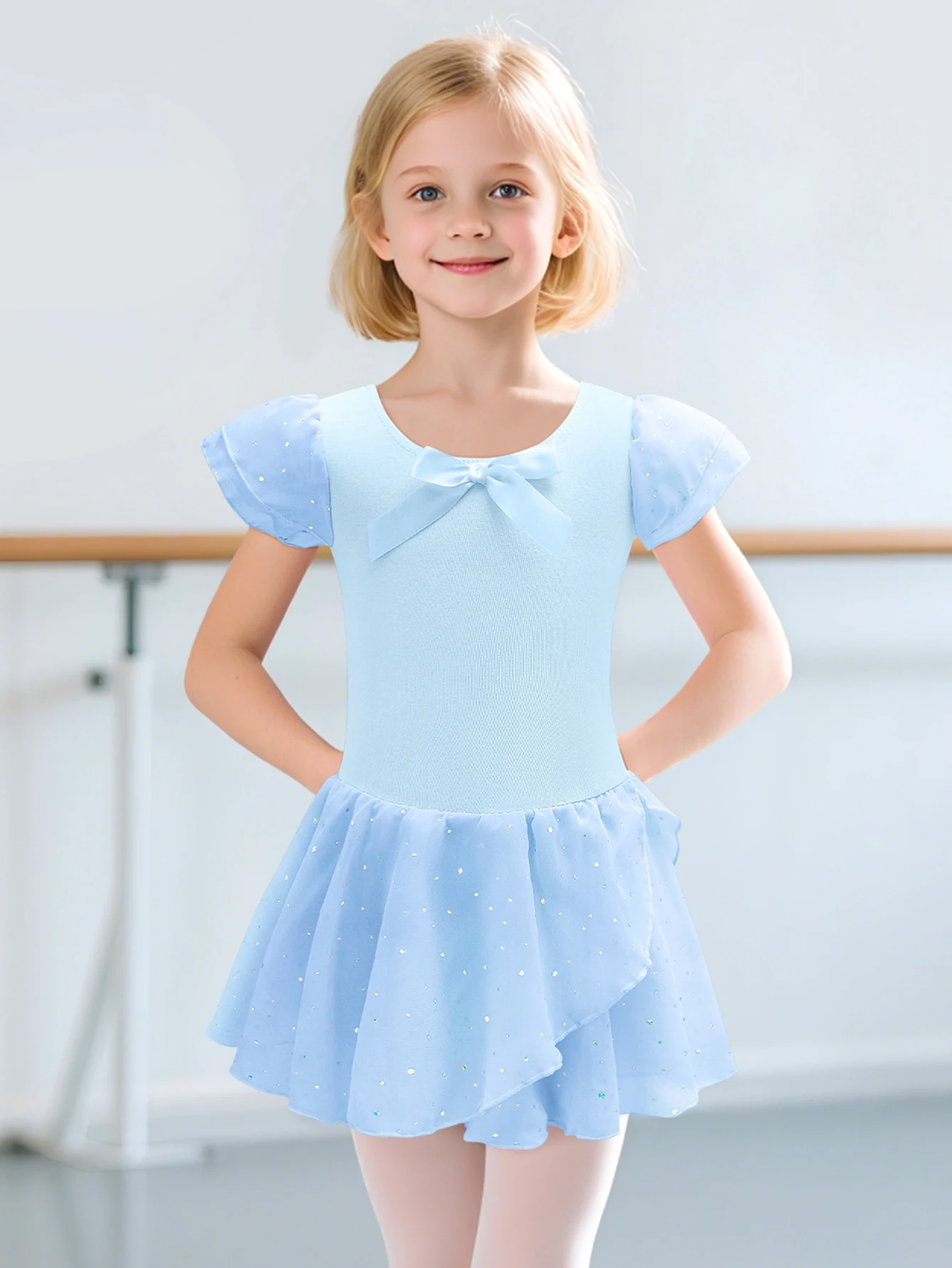 Girls Glitter Leotards for Ballet Dance Dress with Tutu Skirt Ruffle Sleeve Ballet Leotard Performance Clothing image 3