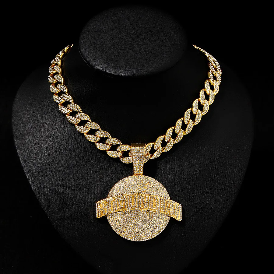 

Men's large necklace popular hip-hop style Cuban full diamond alloy round pendant accessory