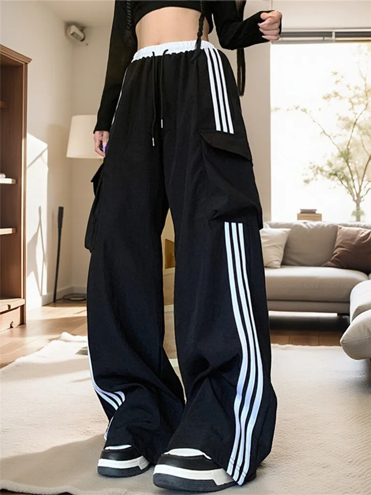 American Sle Striped Loose Casual Sports Pants Women's Autumn New Straight Leg Wide Leg Bla Pants Workwear Trousers