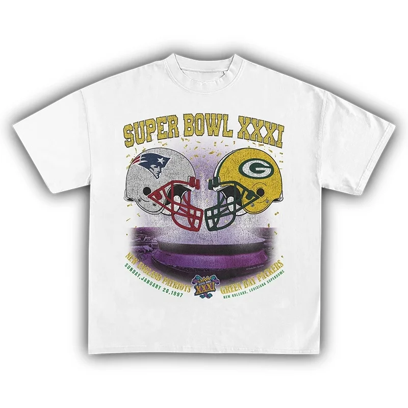 25 عامًا NFL نيو إنجلاند باتريوتس مقابل. تي شيرت Green Bay XXXI Championship American Football بأكمام قصيرة للرجال والنساء