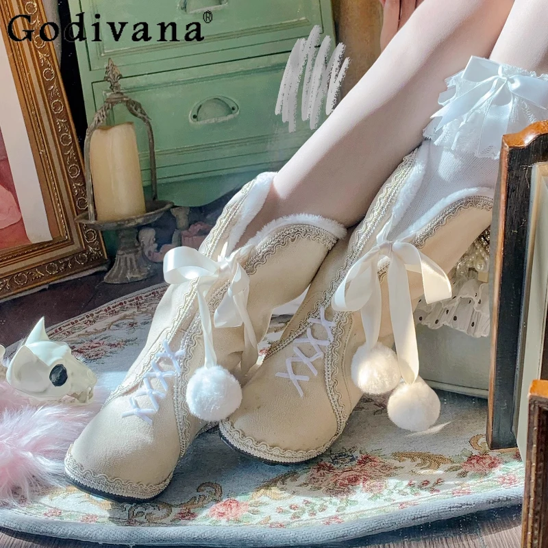 

Original Pom Pom Bow Sweet Boots for Women Japanese Style Fleece Lined Mid Calf Boots Female Cute Retro Pointed Toe Boots