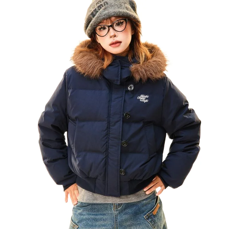 

Retro Women's Cotton-Padded Jacket Thicken Autumn Winter Girl's Student Big Fur Collar Detachable Cap Puffer Jacket Warm Coat