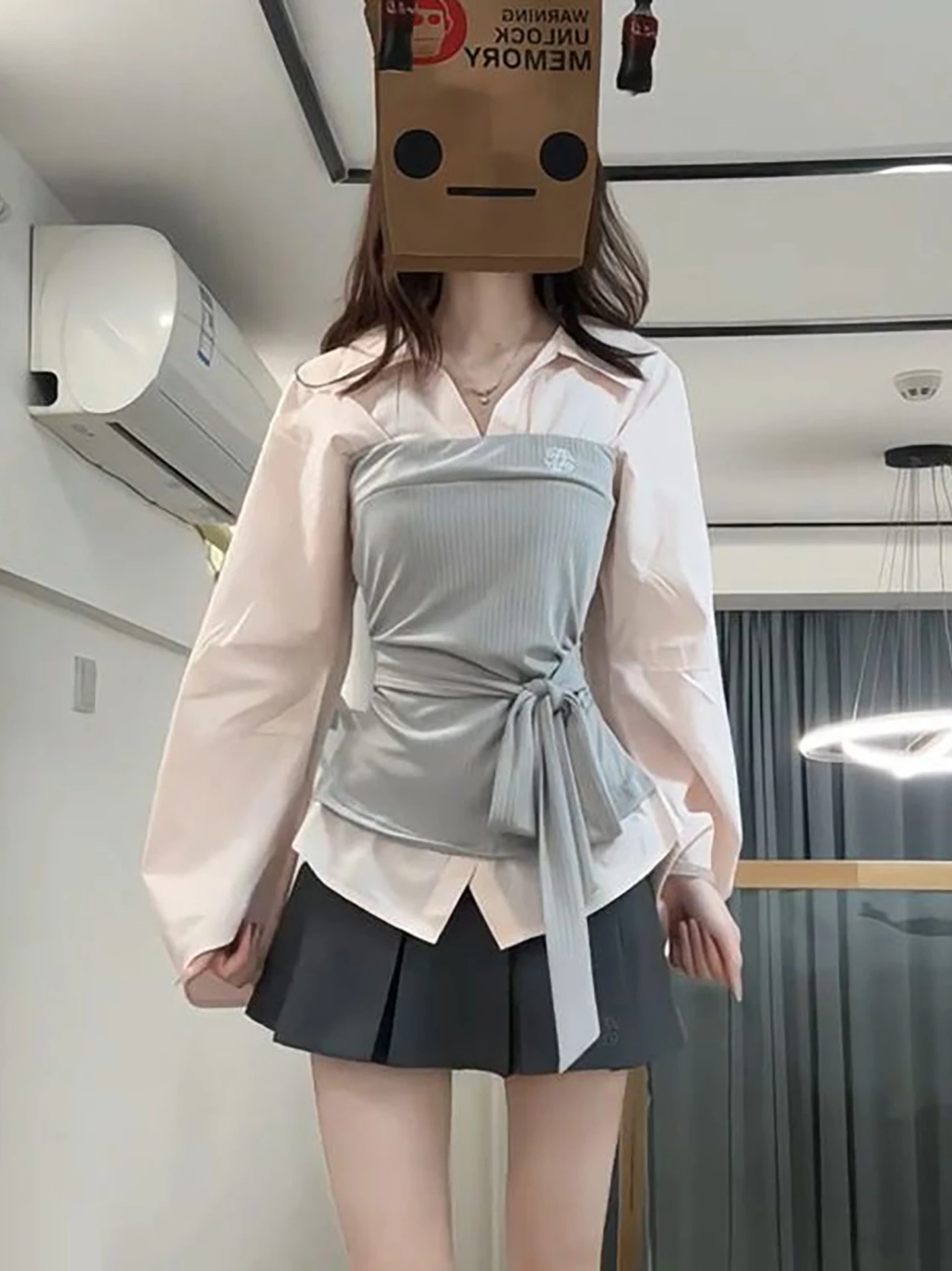 

Fashionable Date Sweet Color Block Shirt And High Waist Short Skirt Two Piece Set Gray Checkered Shirt And Pleated Skirt