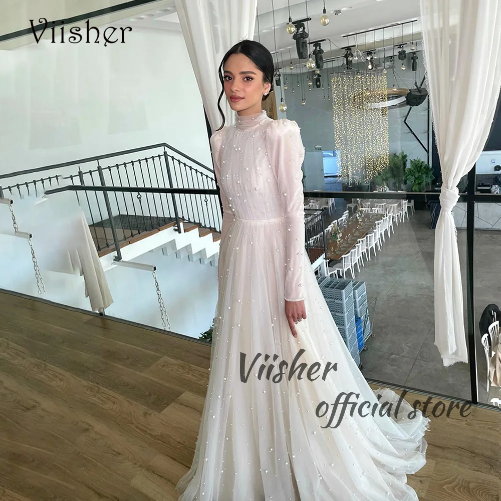 

Viisher White Pearls Tulle Long Wedding Dresses Full Sleeve High Neck Beach Bride Dress Long A Line Wedding Gowns Customized