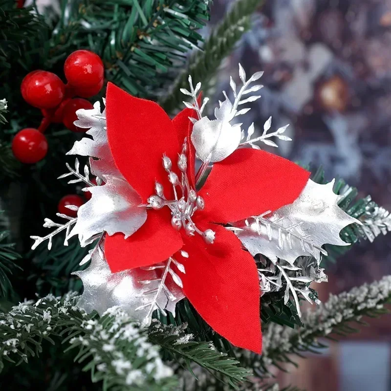 12/36PCS Glitter Artificial Christmas Flowers Xmas Tree Ornaments with Clip Wedding Party New Year Home Decoration DIY Wreaths