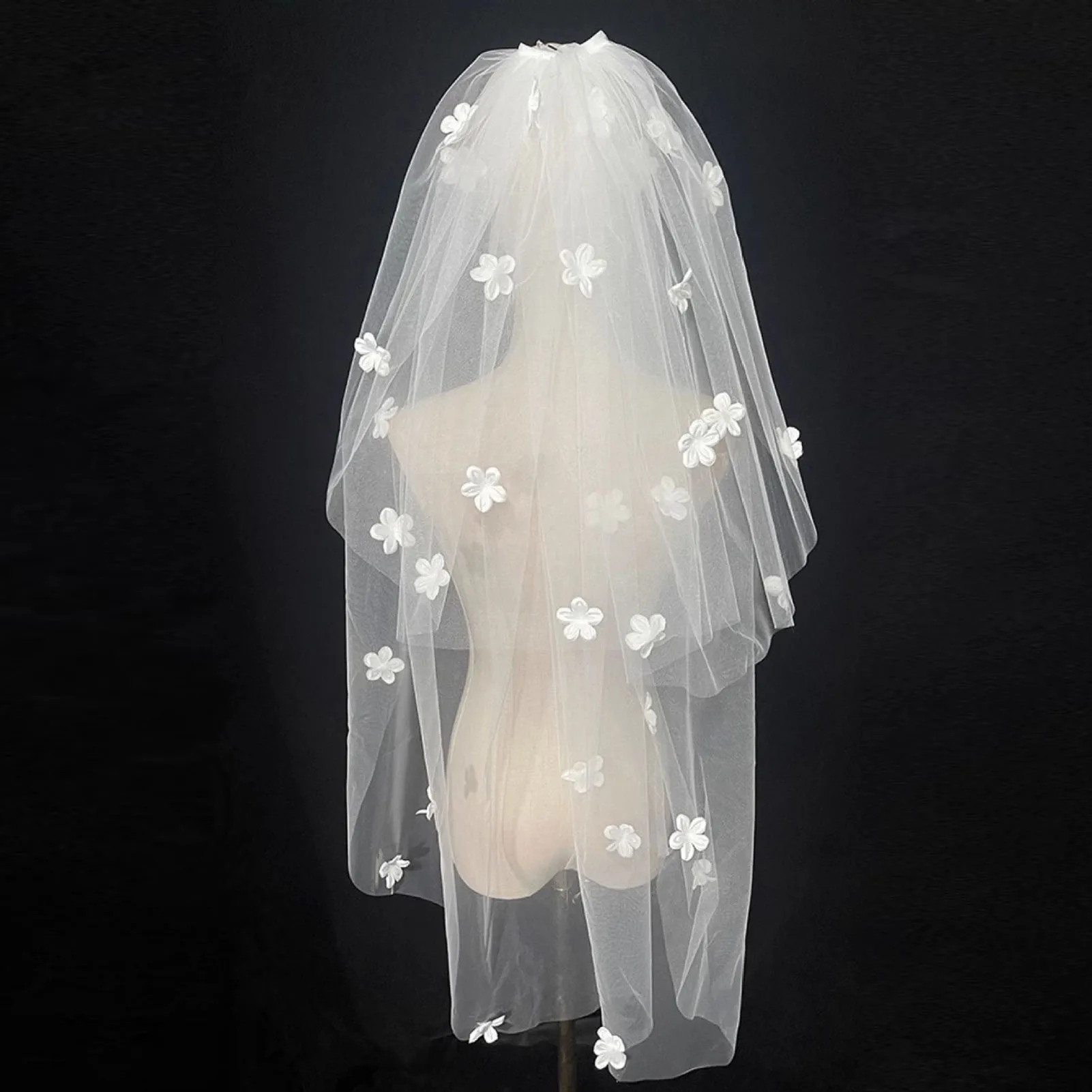 

Фата свадебная Двухуровневая с белыми цветами, Тюлевая с коротким кончиком для невесты, с расческой для волос, для фотосъемки