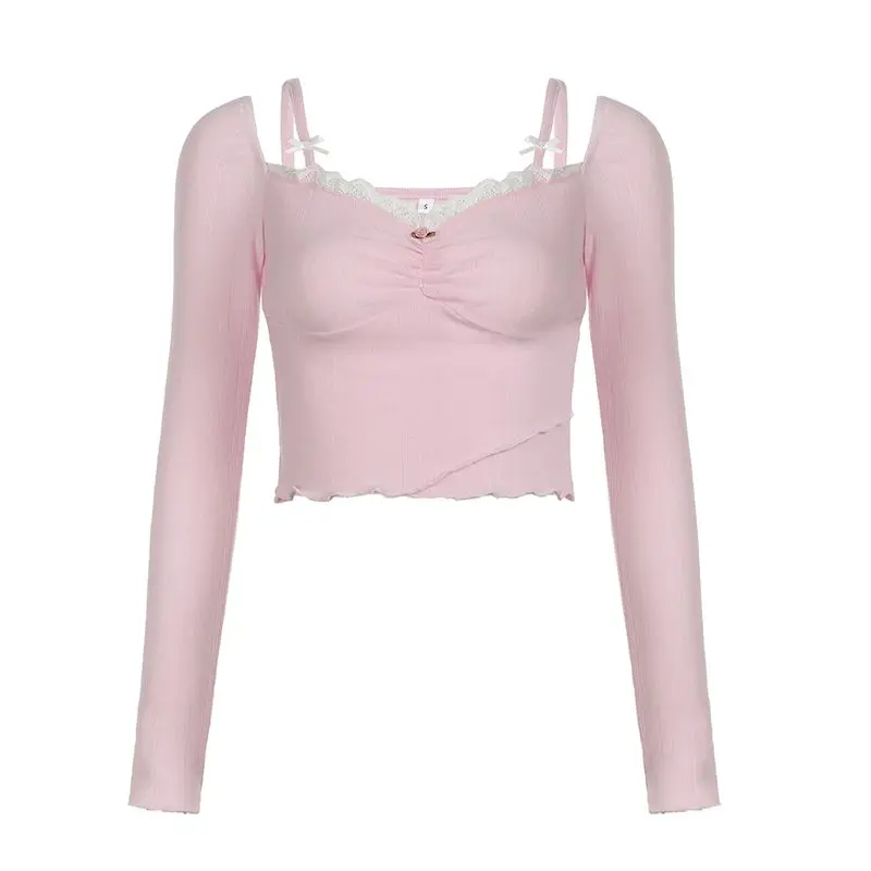 New Kawaii Long-sleeved Sweet Romantic Dating Girls Bow Pink Top Women Pure Desire Wind Rose Lace Slim Short T-shirt