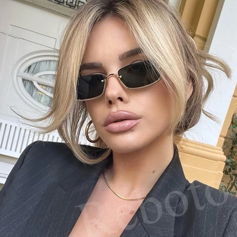 Sexy Black Rectangle Sunglasses Women Small Frame Metal Square Sun Glasses For Ladies Luxury Brand Designer Half Frame Shades