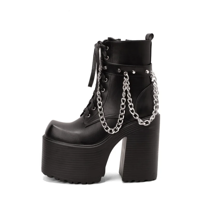 The inside of the zipper Metal chain Lace-up leather ankle Thick Heel shoes esque Round toe Height Increasing