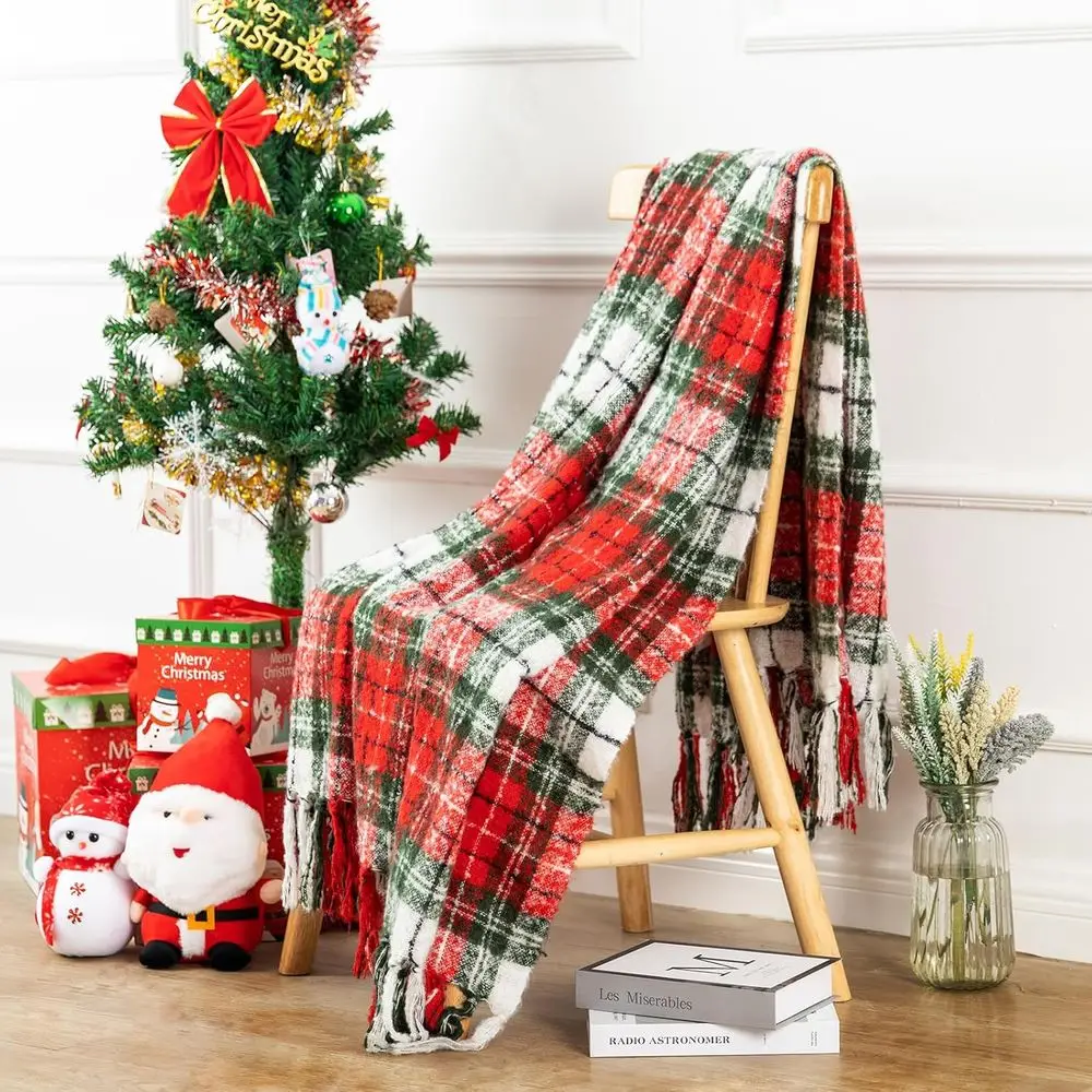 

Red Plaid Cashmere-Like Christmas Blanket with Tassels, 50x60 Inches for Holiday Home Decor