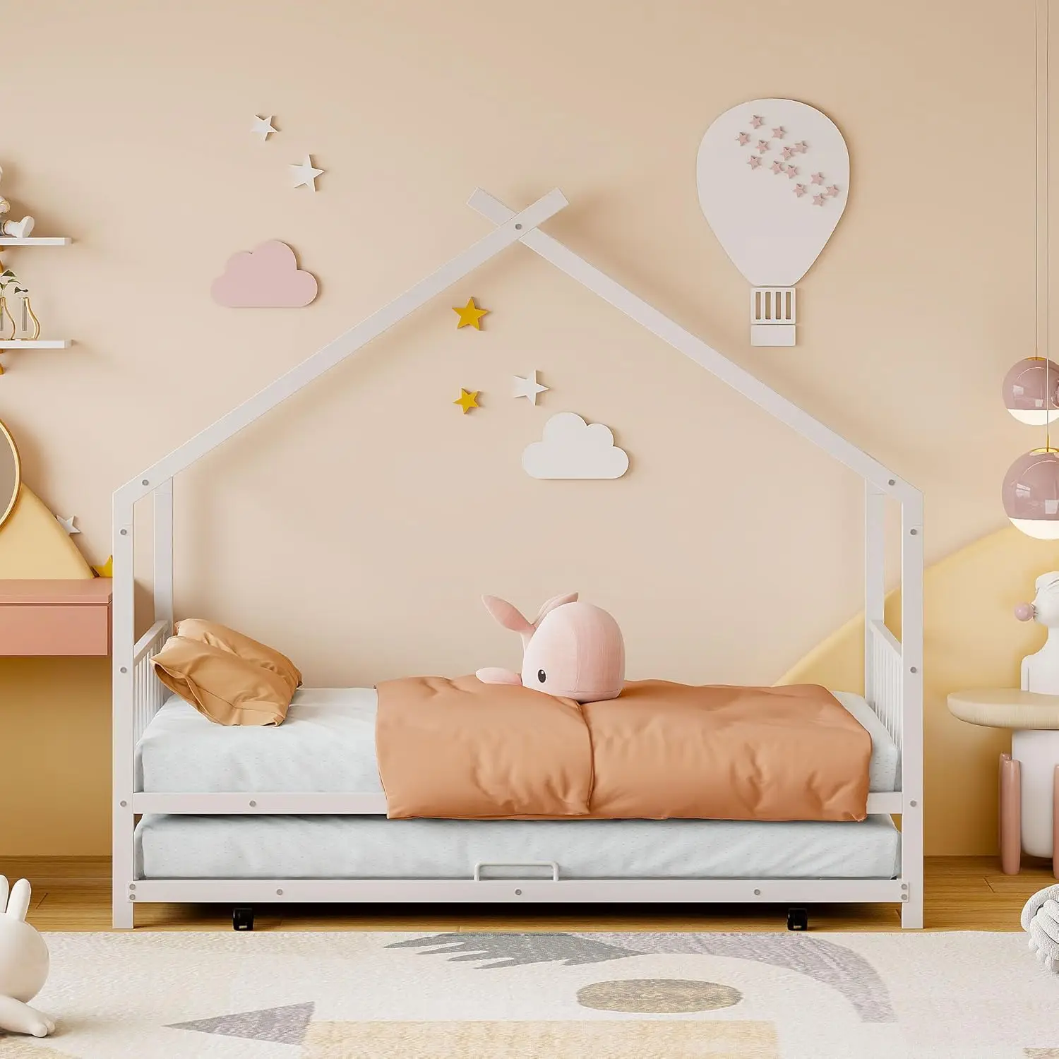 Casa de piso de Metal de tamaño doble, marco de cama con Trundle para dormitorio, niños, niñas, adolescentes