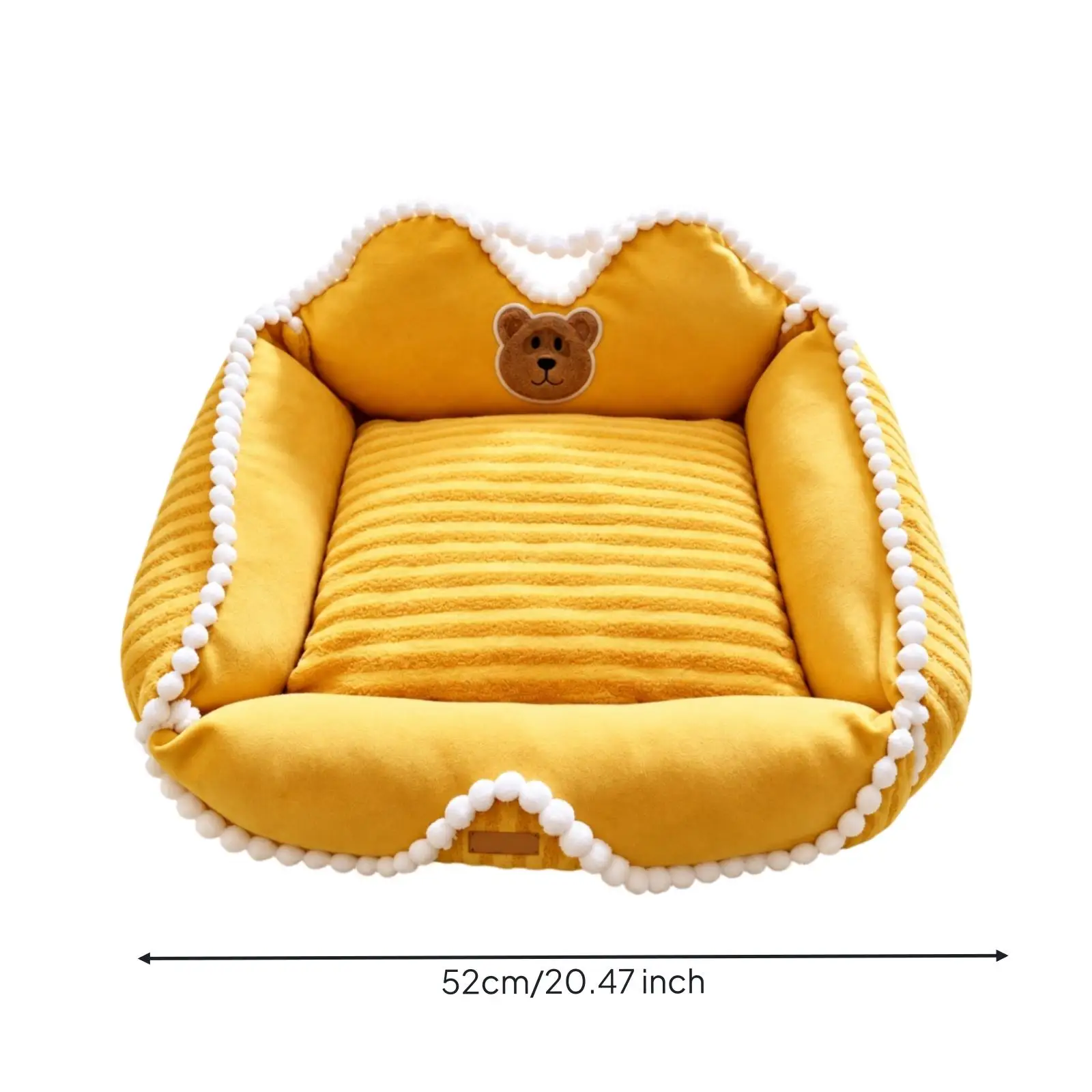 Square Pet Bed with Tassel Trim Enclosed Soft Pet Bed with Bear Appliqué Soft for Cats, Sleeping, Napping