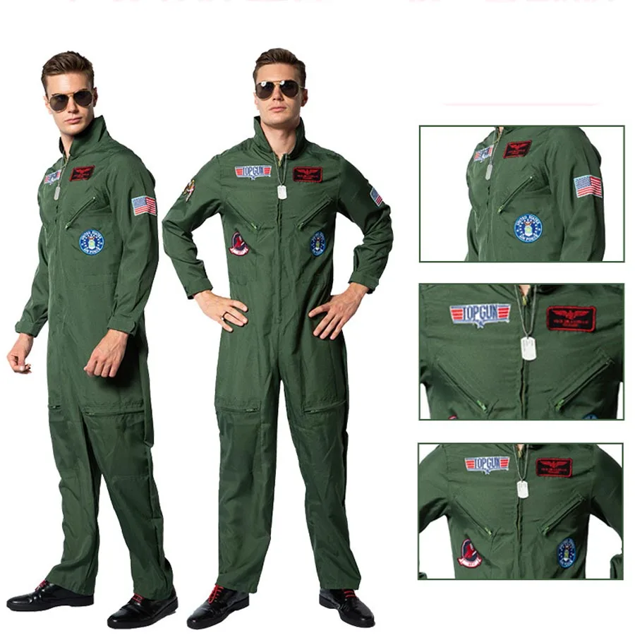 Mono de pistola Maverick para hombre, traje de fiesta para Cosplay de Halloween, uniforme de la Fuerza Aérea americana, Mono de Piloto Militar, verde del ejército