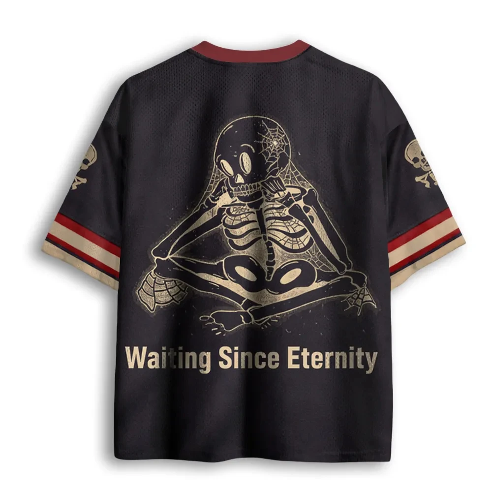 Vintage Meditating Skeleton Spider Web Graphic Mesh Jersey V‑Neck Short Sleeve Loose Sports Top Men Women Streetwear Casual Tee