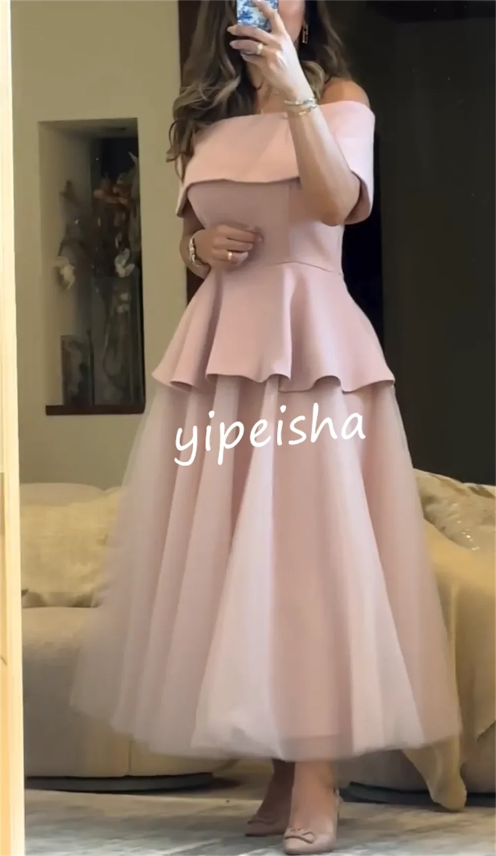 Customized Exquisite Net Draped Pleat Ruched A-line Off-the-shoulder Evening Dresses Casual Simple Retro Fashion Elegant Exquisi