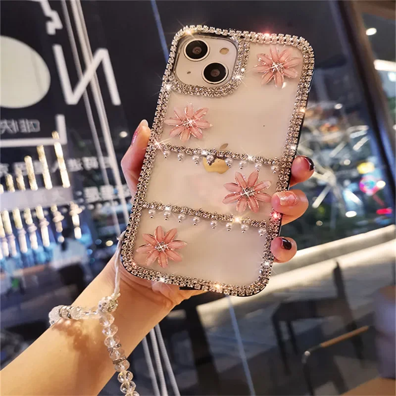 

Luxury Rhinestone Glitter Bling Crystal Diamond Chain Phone Case Cover for iPhone 16 15Pro, 14, 13, 12, 11Pro Max, 7, 8Plus