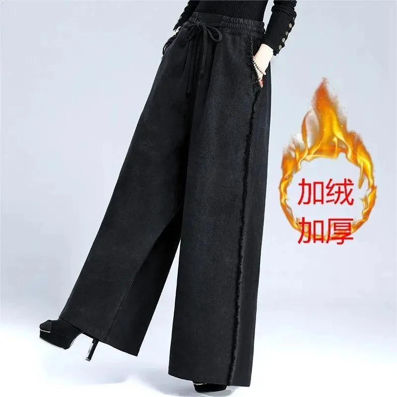 

Retro Ladies With Elastic Wide-leg Cowboy Trousers Women Solid Color Loose Jeans Autumn Female High Waist Casual Denim Pantalons