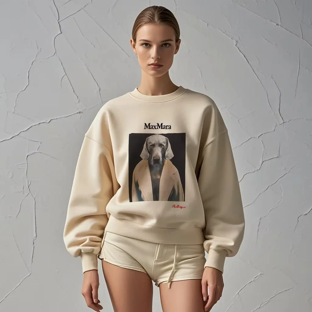 European and American Neutral Weimaraner Printing Fashion Trendy Brand Women's Clothing Crew Neck Sweater Retro Streetwear