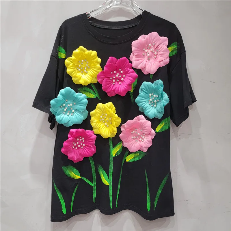 

Heavy Industry Trendy Brand Kawaii Cute Loose Top Women's 2025 New Unique Design Three-dimensional Flower Short-sleeved T-shirt