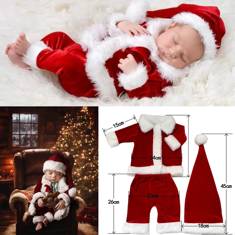 Disfraces de Navidad, ropa de fotografía para bebé, Tops y pantalones suaves de Papá Noel, conjuntos de sombrero de bola de piel, trajes para sesión