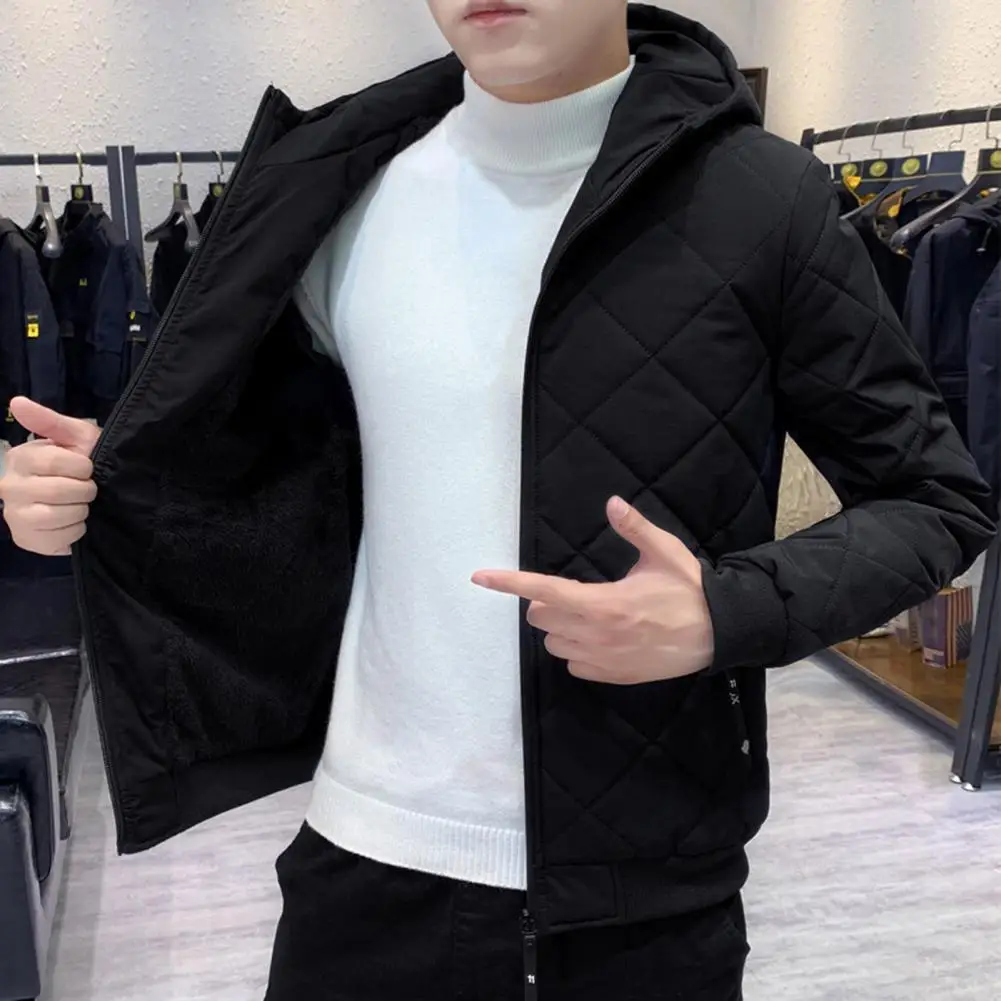 Windproof Coat Men\'s Cotton Quilted Jacket With Hood Zipper Placket Long Sleeve Solid Color Outwear With Elastic Hem For Winter