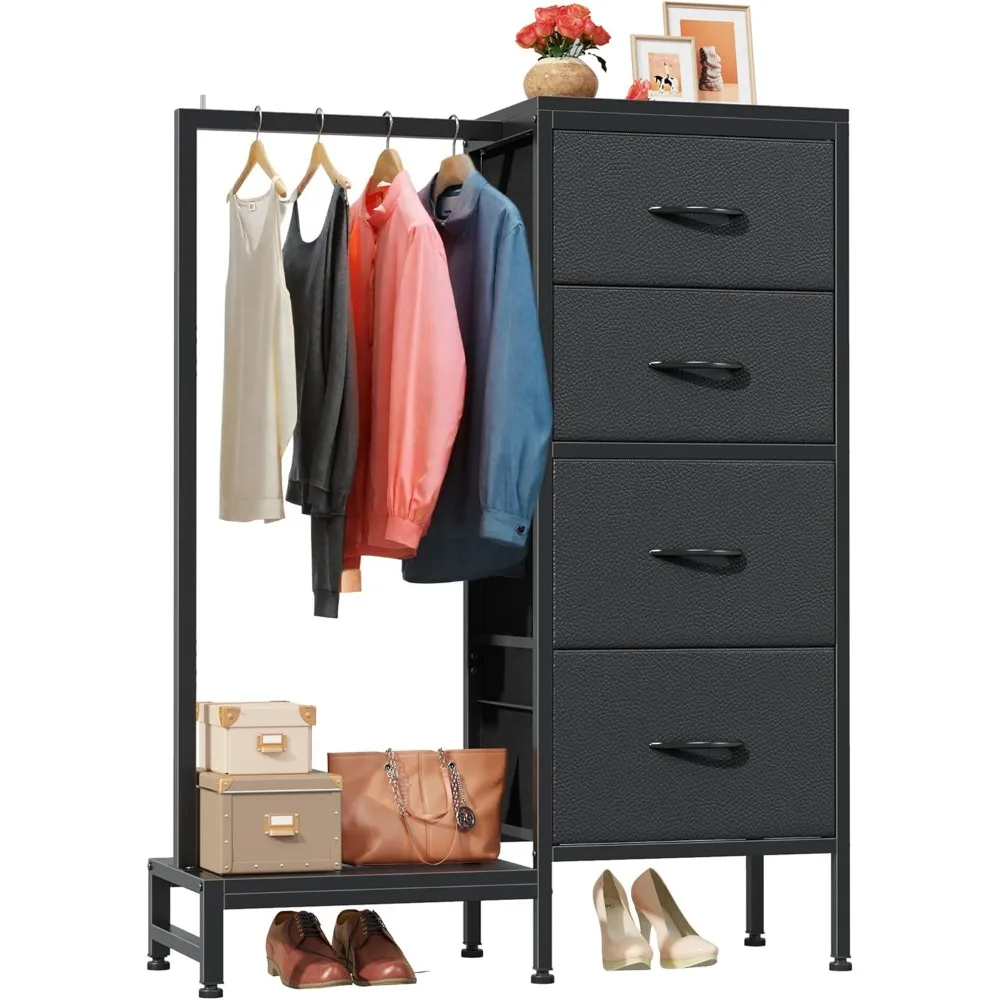 

Dresser with Hanging Rack, 4 Drawers Small Dresser for Bedroom, Reversible Fabric Chest of Drawers for Closet with Clothes Rack