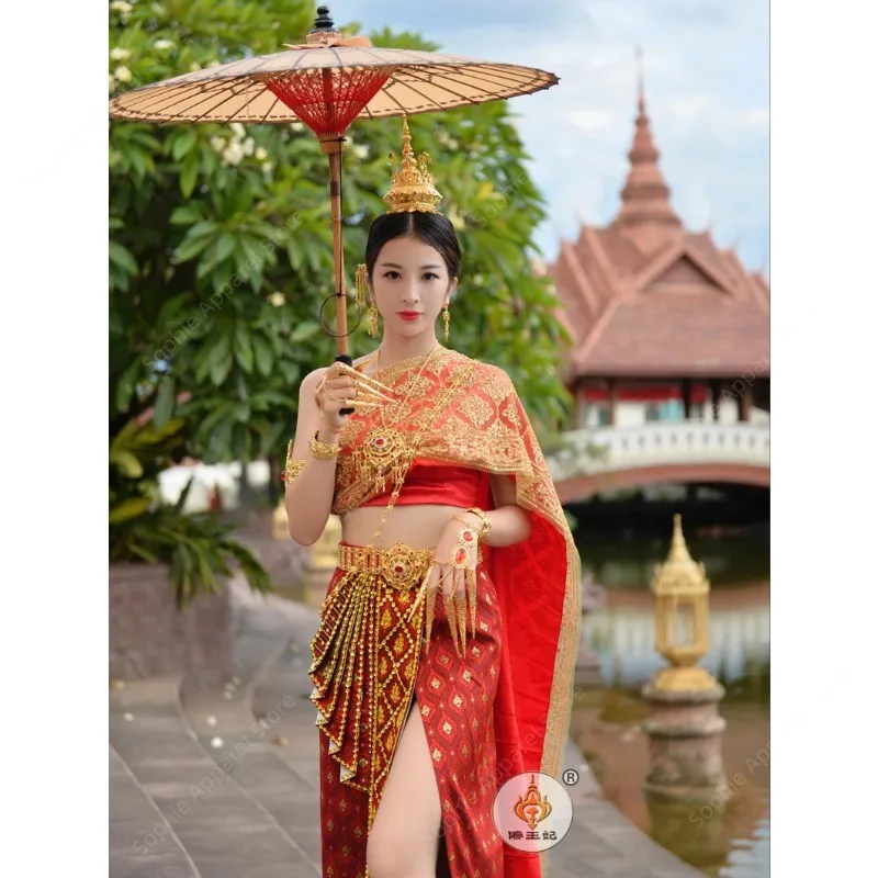 

Thai Costume Women Beaded Tube Tops Skirt Shawl Southeast Asian Style Wedding Party Dress Festival Thailand Traditional Clothing