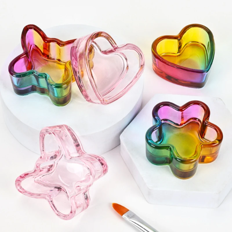 1 Stuk Regenboog Kristalhelder Glas Vloeibare Schotel Dappen Schotel Glazen Beker Kom Voor Acryl Poeder Monomeer Nail Art Tool Zonder Deksel