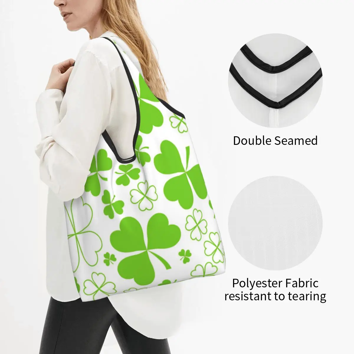 St Patrick's Day Irish Shamrock Clover Grocery Bags Durable Large Recycle Heavy Duty Shopping Eco Bag Washable With Pouch