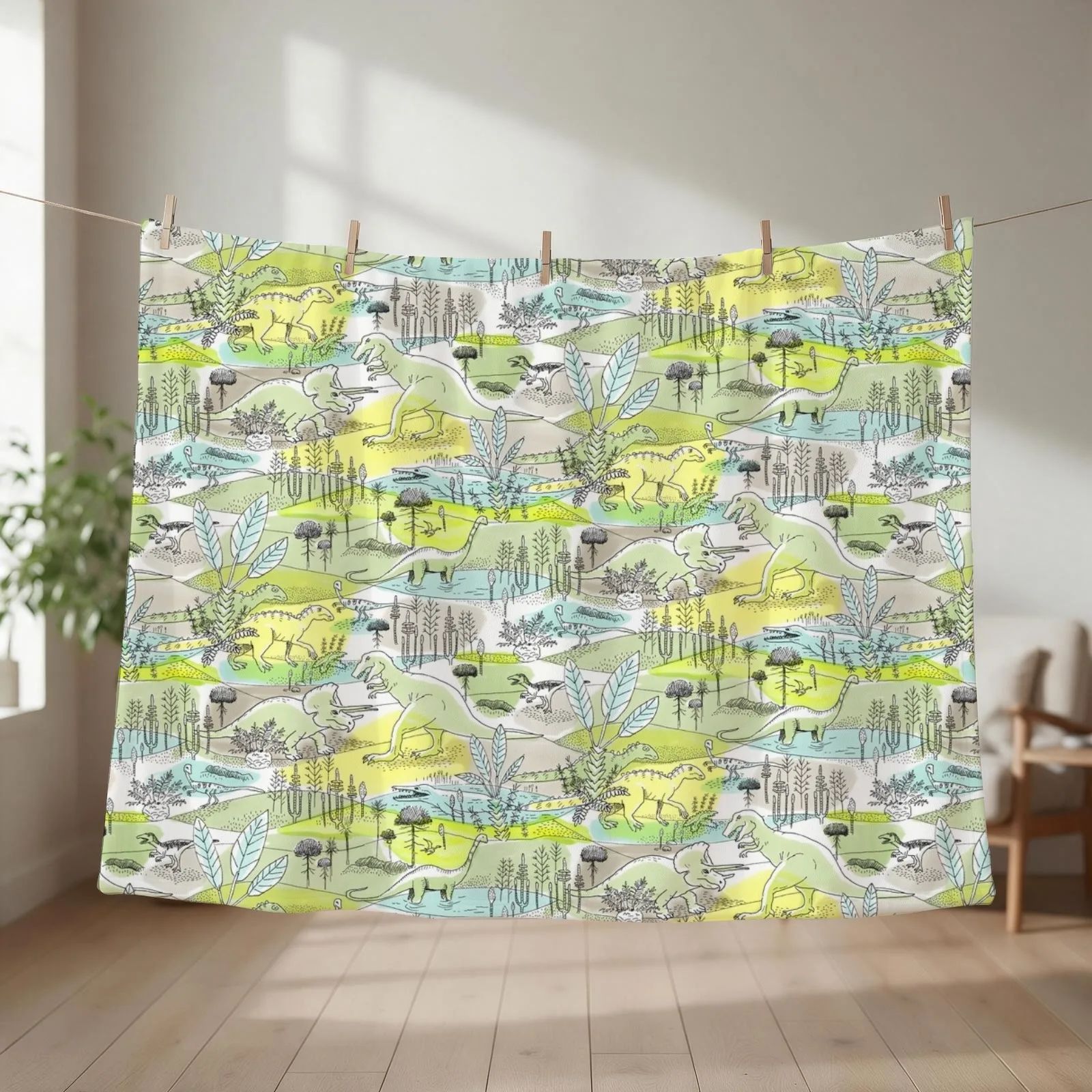 Dinosaurs in a Prehistoric Jungle with Tyrannosaurus Rex and Triceratops Throw Blanket