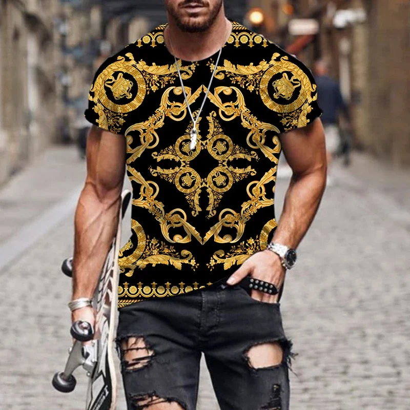 Luxury Baroque style 3D printed T-shirt for men and women, high-quality polyester round neck loose fitting short sleeved T-shirt