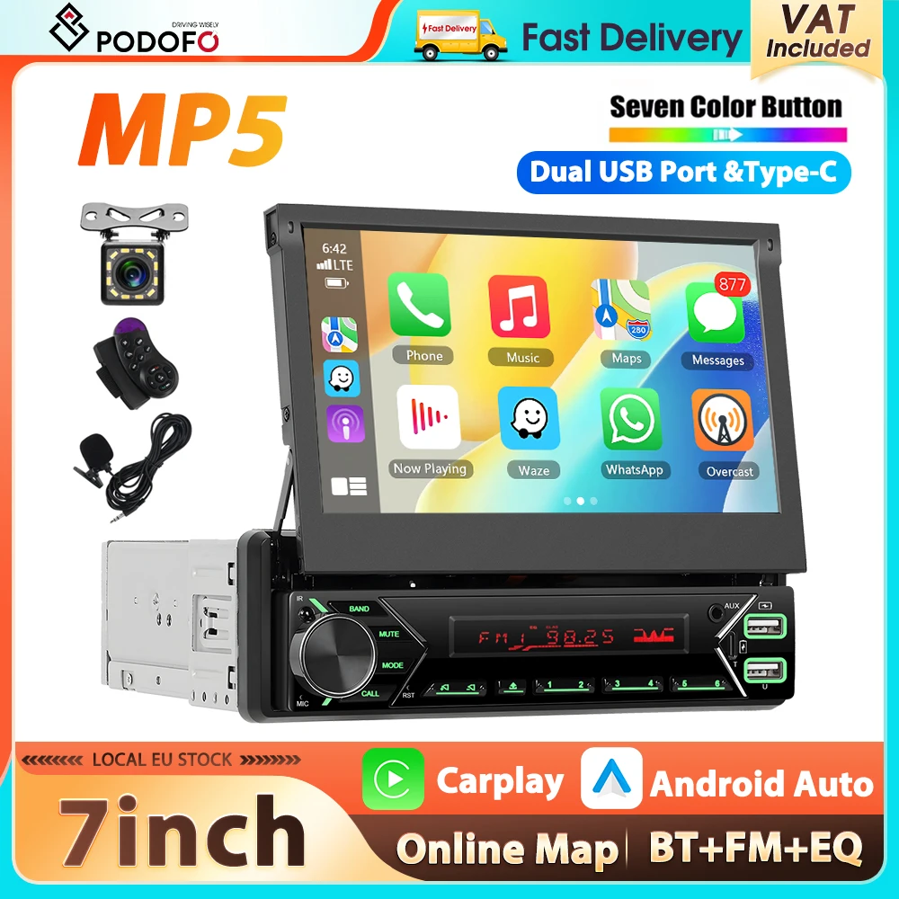 Podofo 7'' Autoradio mit Automatisch Einziehbarem Bildschirm Multimedia-Player Kabelloses Carplay Android Auto DAB SWC BT Type-C FM Auto-Audio