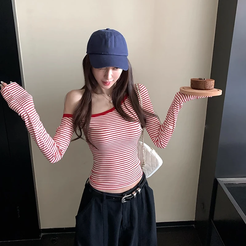 Women's Striped Sloping Shoulders Long Sleeve Tops Sheath Casual Daily T-shirt