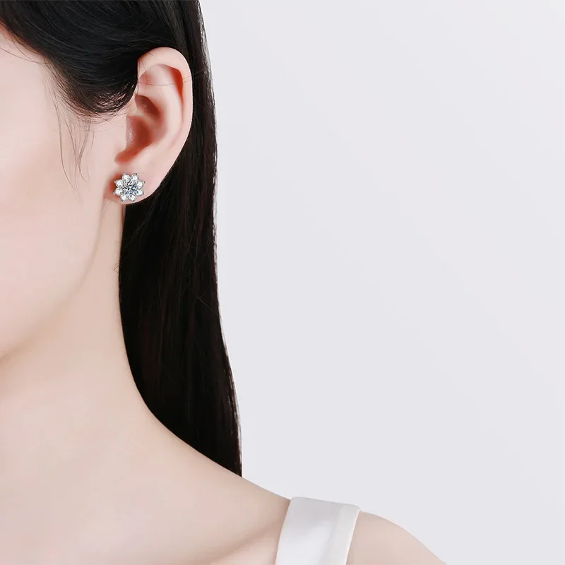 1ct Moissanite Stud Earring 925 Sterling Silver 18K White Gold Plated D Color Lab Grown Diamod SunFlower Fine Jewelry For Women