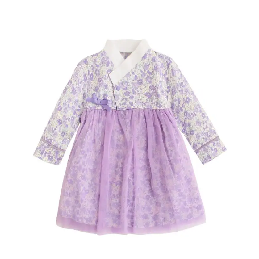 2PCS New Baby Girls Traditional Korean Hanbok Fashion Style Dress Cotton Long Sleeve Print 1-8 Years Old Child Asian Dress Y2742